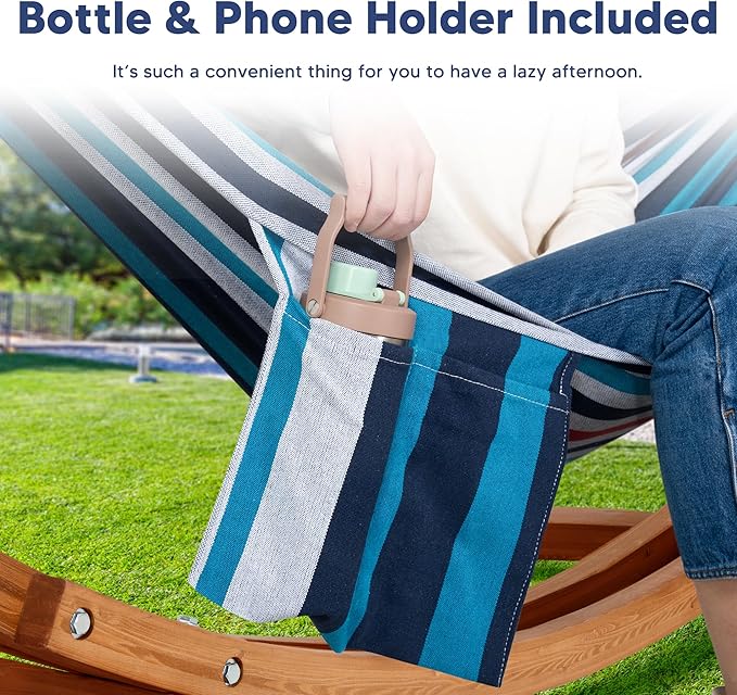 SUNCREAT Outdoor Hammock with Stand Included, Portable Hammock with 10 ft Wooden Stand, Blue Stripes
