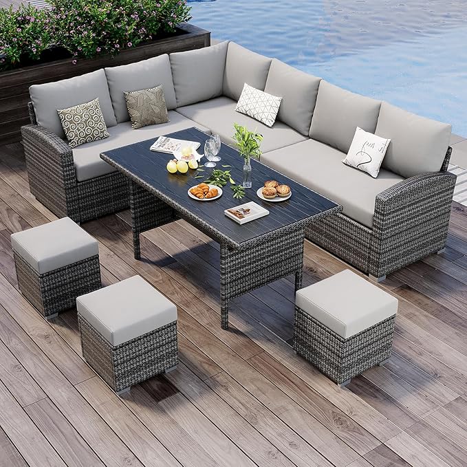 7 Piece Patio Furniture Set, Outdoor Modern Patio Conversation Set, PE Wicker with Glass Coffee Table for Backyard, Garden, Pool Decks, Light Grey
