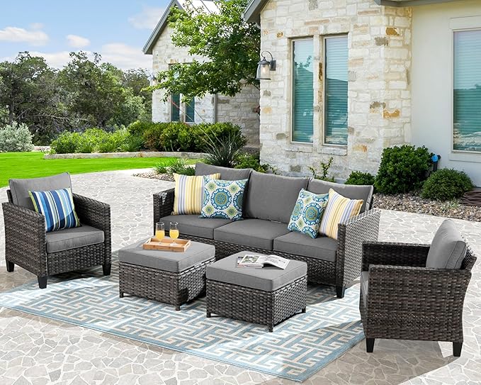 HOOOWOOO Patio Conversation Sets,5 Piece Wicker Outdoor Furniture Set with Ottoman,All Weather Resistant Modern Outside Out Door Rattan Couch Chairs Set,Charcoal Gray