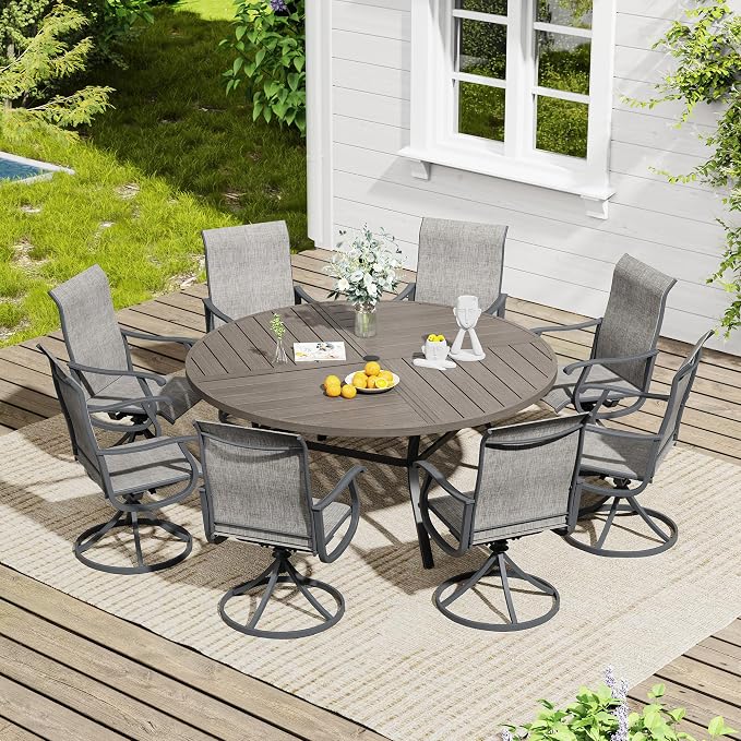 VICLLAX 60" Round Outdoor Table, Patio Dining Table for 8-10 with Umbrella Hole for Garden Lawn Deck Backyard, Antique Grey