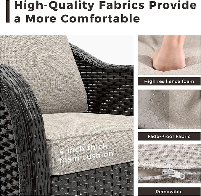 3-Piece Patio Conversation Set, 78 inch Wicker 2-Seater Sofa with Washable Cushions, 360° Swivel Glider Rocker Chairs, All Weather Rattan Outdoor Furniture for Backyard Garden Lawn, Beige