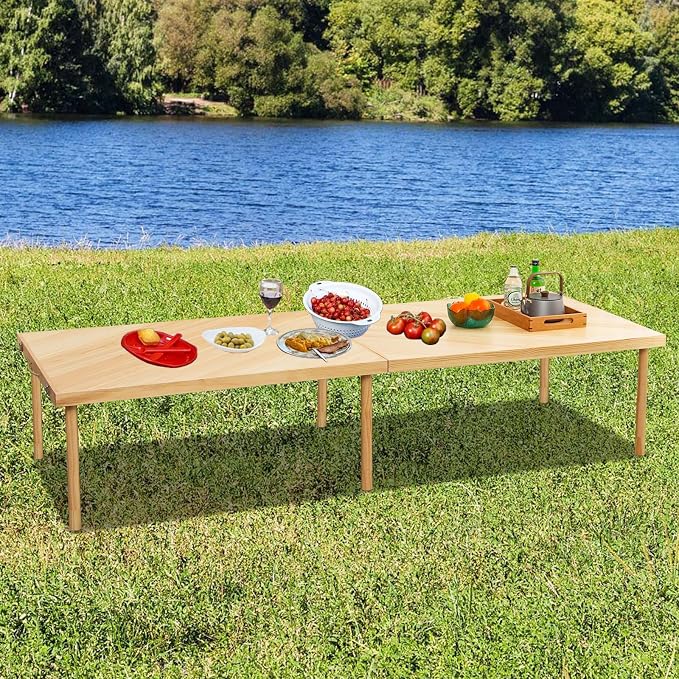 80"x30" Boho Wooden Picnic Table, Portable Outdoor Low Picnic Table with Adjustable Legs 13" & 16" for Floor Seating, Beach, Camping, BBQ, Backyard, 80x30in Seating for 12 People