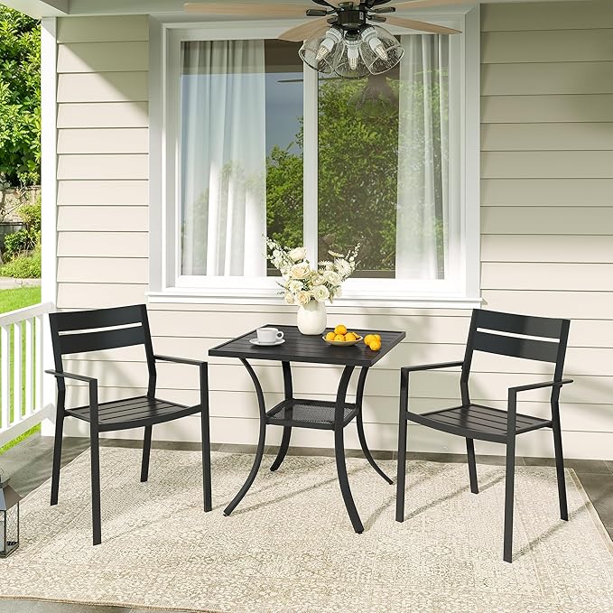 VICLLAX Patio 3 Pieces Outdoor Bistro Table Set, Wrought Iron Metal Furniture with 28" Square Table and 2 Stackable Chairs, Patio Dining Set for Patio, Lawn, Garden, Porch, Black