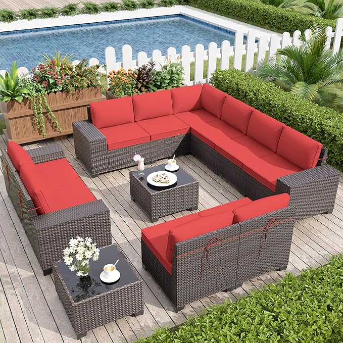 Patio Furniture Set Sofa 12-Pieces Wicker Sectional Sofa Set, Outdoor Furniture Rattan Patio Conversation Set with Thickened Cushions and Glass Coffee Table, Red