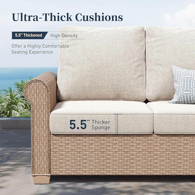 SUNSHINE VALLEY Patio Furniture Set, Wicker Outdoor Furniture Set with 5.5" Thick Cushions, 2 Chairs, 2 Ottomans and Fire Pit Table, 6 Pieces Patio Conversation Set for Backyard Deck, Beige