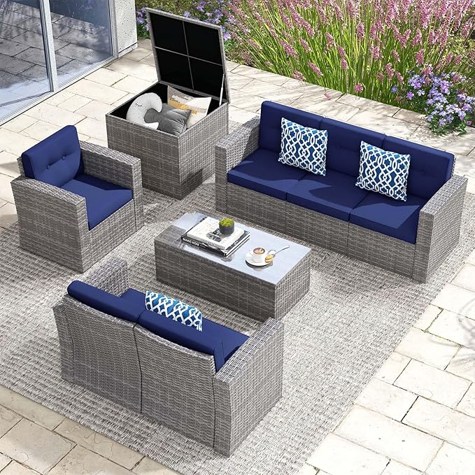 Super Patio 8 Pieces Outdoor Patio Furniture Set, Wicker Patio Conversation Sets with Storage Box, Rattan Outdoor Sectional Sofa Set with Cushions and Coffee Table for Outside Porch, Deck, Navy Blue