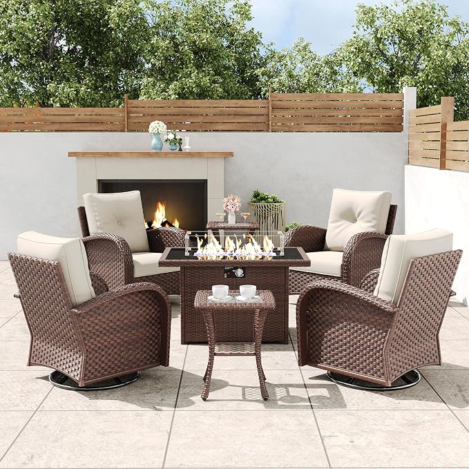 7 Pieces Outdoor Wicker Patio Swivel Rocking Chairs, All Weather Wicker Conversation Set with 44" Fire Pit Table