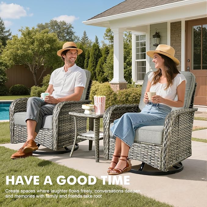 Outdoor Swivel Rocker Patio Chairs, 3 Piece Patio Furniture Set with Glider Chairs and Wicker Coffee Table, All Weather Rattan Chair Set for Porch Deck Yard Balcony, Dark Gray