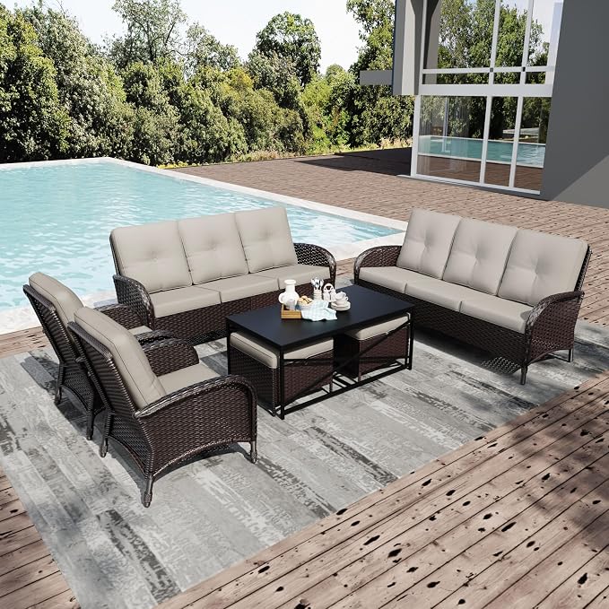 Joyside Wicker Patio Furniture Set, 7 Piece Outdoor Furniture Set with Thickened Cushions, High Back, Deep Seating, Wide Armrest, Rattan Outdoor Chairs for Porch, Deck