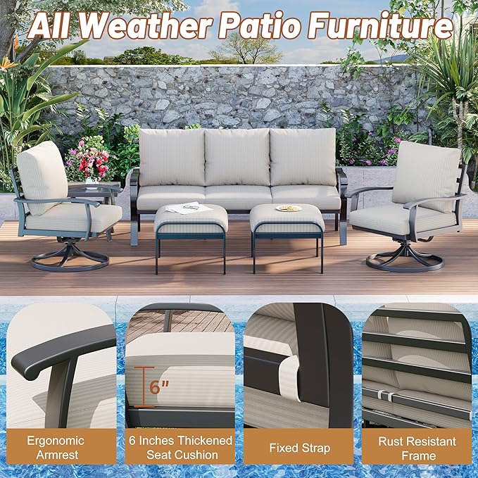 HOMREST Patio Furniture Sets 6 PCS Outdoor Metal Conversation Sets, 360 Degree Swivel Rocking Chairs Patio Conversation Set with Ottomans, Coffee Table and 3-Seat Sofa for Garden, Deck and Poolside