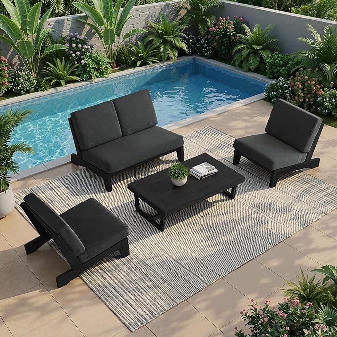 UIXE All Weather Patio Furniture Sets, 4 Pieces Black Wood Outdoor Sectional Futniture Patio Sofa Chair Backyard Conversation Set with Solid Wooden Coffee Table - Dark Gray