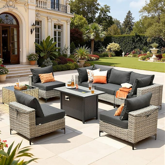 8 Pieces Patio Furniture Set with 42" Fire Pit, All-Weather Rattan Outdoor Sectional Conversation Sets L Shaped Sofas with Solar Light Coffee Table for Porch Balcony Backyard Black