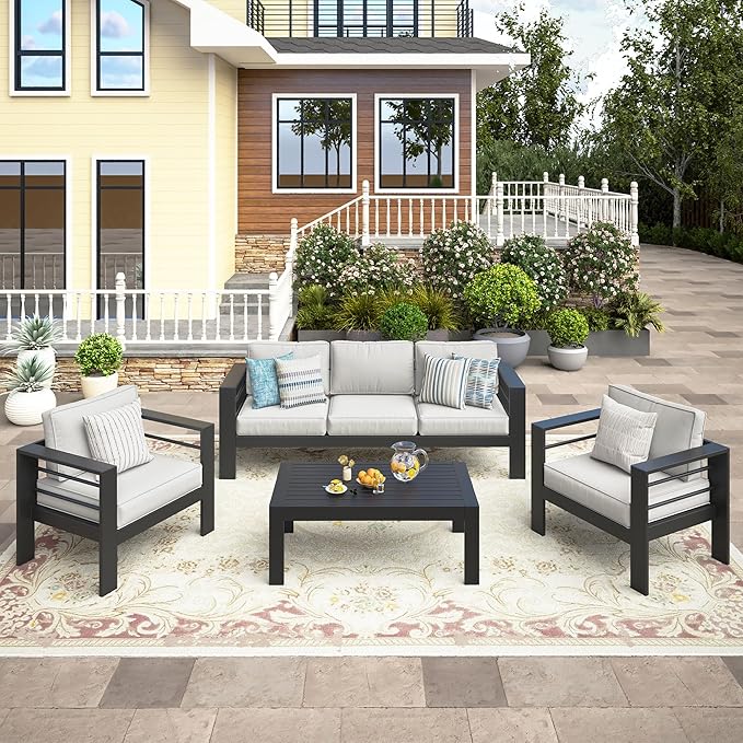 Wisteria Lane 4-Piece Outdoor Patio Furniture Set, Outdoor Sectional Furniture with Upgraded Cushions, Outdoor Conversation Seating Set for Balcony, Garden, Deck, Backyard, Black
