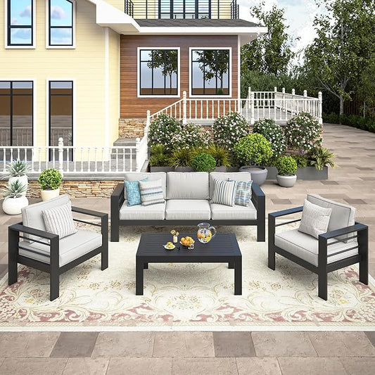 Wisteria Lane 4-Piece Outdoor Patio Furniture Set, Outdoor Sectional Furniture with Upgraded Cushions, Outdoor Conversation Seating Set for Balcony, Garden, Deck, Backyard, Black