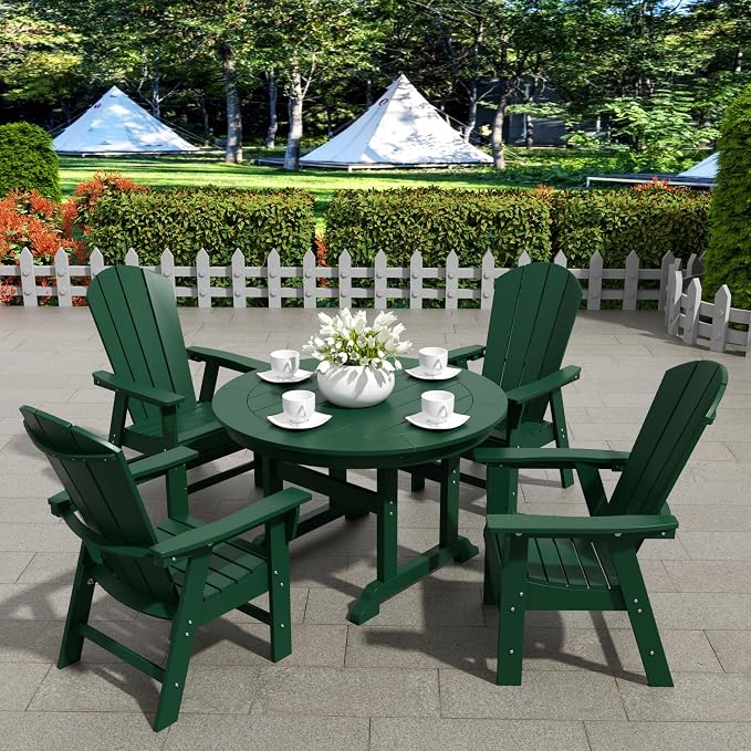 WestinTrends Malibu 5 Piece Adirondack Patio Dining Set, All Weather Poly Lumber Outdoor Table and Chairs Furniture Set, 47" Trestle Round Dining Table and 4 Adirondack Dining Chair, Dark Green