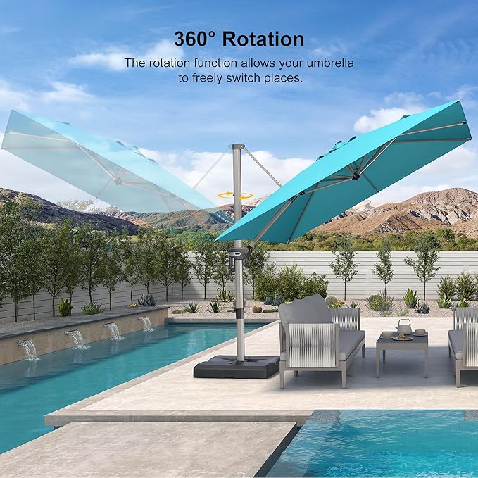 PURPLE LEAF 9' X 9' Patio Umbrella Outdoor Cantilever Umbrella, Aluminum Offset Umbrella with Champagne Frame and 360° Rotation for Pool Deck Garden, Turquoise Blue