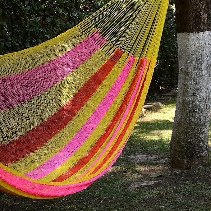 NOVICA Bright Pink Yellow Striped Tropical Hand Woven Nylon Mayan 2 Person Xl Rope Hammock With Hanging Accessories, 'Candy Delight' (Double)