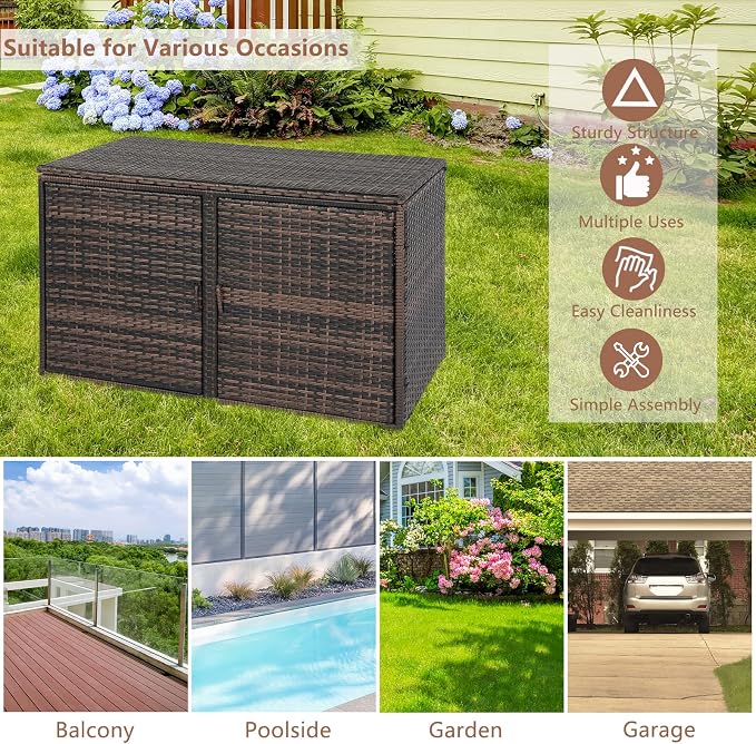 Simply-ME 104 Gal Outdoor Deck Storage Box,PE Rattan Large Storage Deck Box Bench for Indoor/Outdoor Garden Pool Patio Storage,Double Door