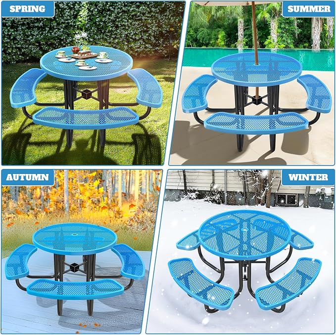 46IN Circle Metal Picnic Table Set with Umbrella Hole and 4Benches for Outdoor, Expanded Heavy Duty Metal Commercial Grade Patio Dining Furniture for Yard Patio Lawn Party Coffee, Blue