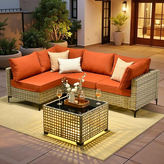 5 Pieces Patio Sectional Furniture Set, Outdoor Wicker Sectional Couch with Solar Lights Table, Modern Conversation Set for Porch Balcony Backyard, Orange