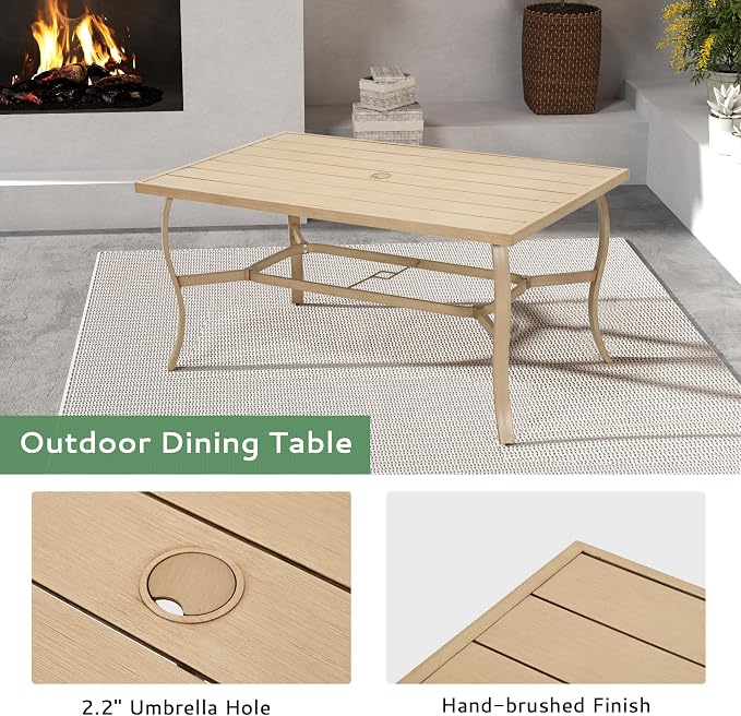 6-Person Outdoor Dining Table, Aluminum Rectangle Outdoor Dining Table with 2.2" Umbrella Hole, Rustproof Aluminum Patio Dining Table for 6, All-Weather for Garden Yard Poolside, Beige
