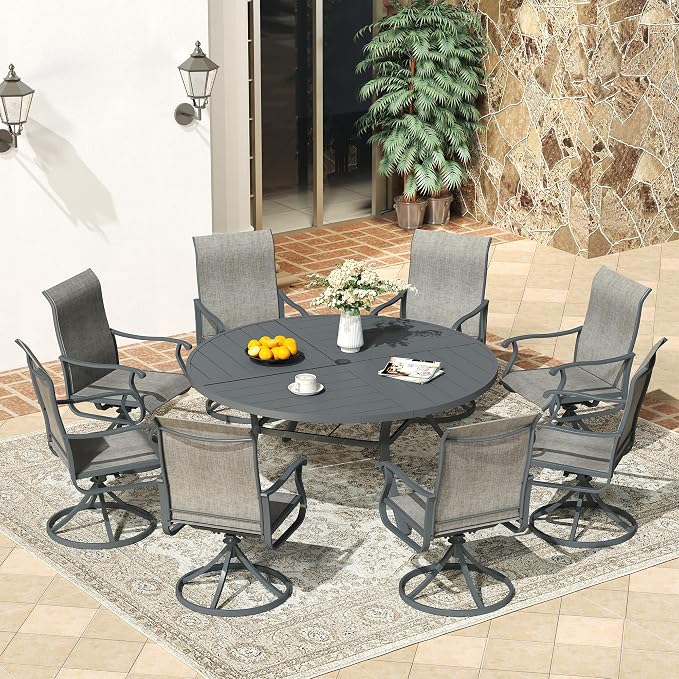 VICLLAX 60" Round Patio Dining Table for 8-10, All Weather Metal Outdoor Table with 1.57" Umbrella Hole and Surdy Frame for Garden Lawn Deck, Dark Grey