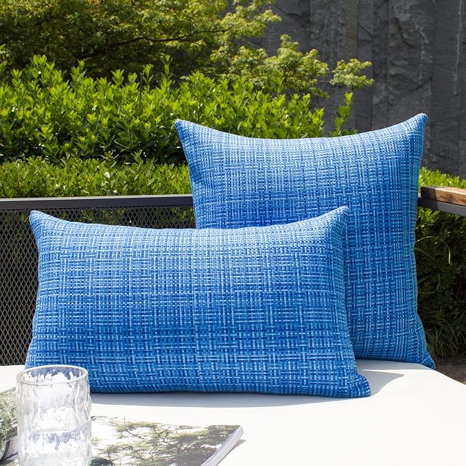 Kevin Textile Outdoor Waterproof 26x26 Inch Pillow Covers 2 Pack, Blue | Water Resistant, Faux Linen Yarn-dyed, Woven Texture Euro Throw Pillow Covers for Tent Patio Garden Couch Sofa