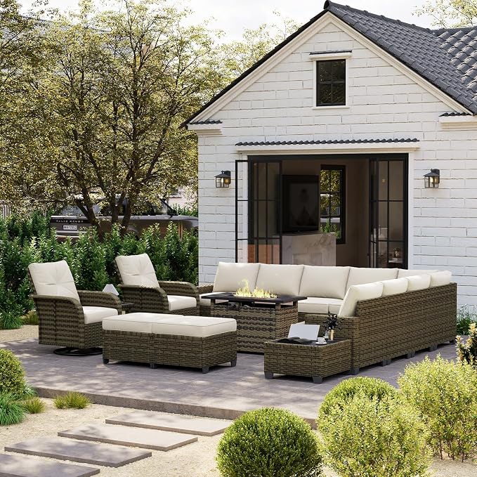 LazySunsets Luxury Patio Furniture Set with Fire Pit Table, All-Weather Patio Sectional Sofas with Thickened Cushions, 15 Piece Outdoor Furniture Set with Swivel Rocker Chairs & Ottomans, Beige