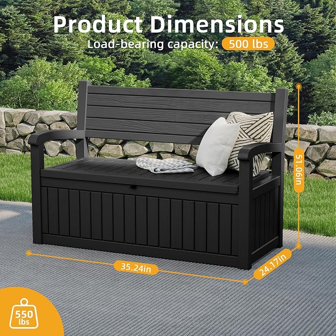 EasyUp 80 Gallon Outdoor Storage Bench Lockable Deck Box Outdoor Storage Box Waterproof for Patio,Garden,and Porch – Perfect for Storing Garden Tools and Cushions(Black Srtipe)