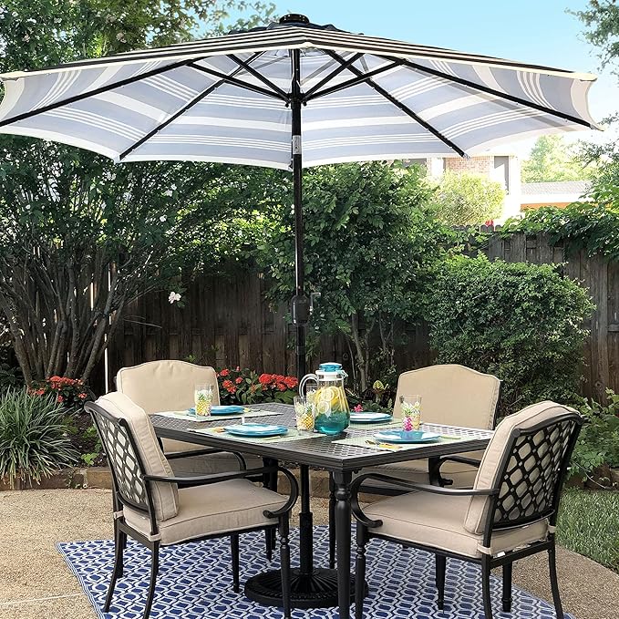 9' Round Patio Umbrella with 32 Solar Powered LED Lights, Push-Button Tilt and Hand Crank Lift, Solar Lighted Umbrella in Navy Stripe for Patio, Porch, and Backyard by Sun-Ray