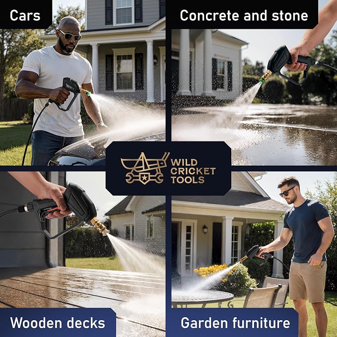 Wild Cricket Tools® Short Pressure Washer Gun 5000 PSI, 3/8" QC & M22-14mm Inlet | 5 Nozzles, 360° Swivel, Lockable Trigger | Fits Electric & Gas Pressure Washers - NOT for Garden Hoses
