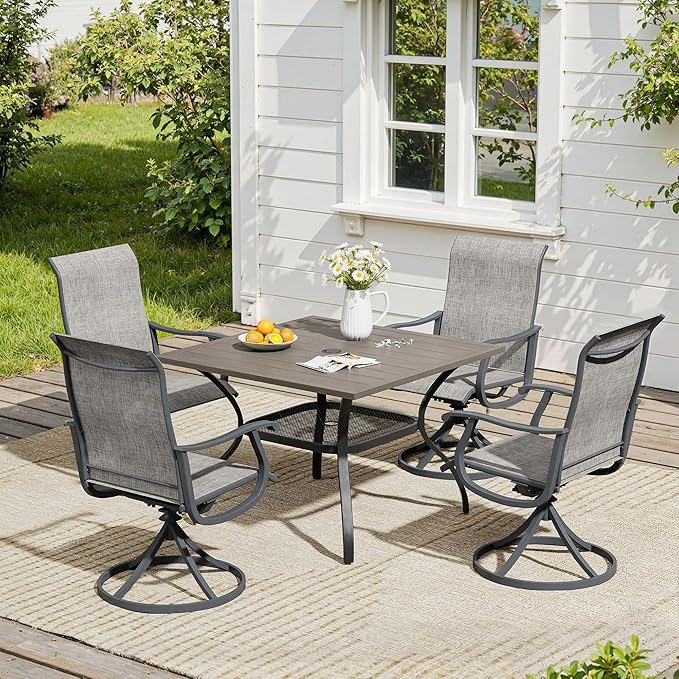 VICLLAX 5 Pieces Patio Dining Set, Patio Furniture Set of 4 Patio Swivel Dining Chairs and Square Patio Table with Storage Shelf for Backyard Lawn Garden, Grey Chairs & Antique Grey Tabletop