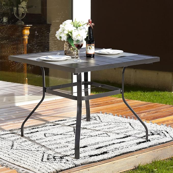 NUU GARDEN 37" Outdoor Patio Table, 4 Person Steel Slat Square Dining Table with 1.57" Umbrella Hole, Slatted Top and Powder Coated Iron Frame for Patio, Garden and Balcony, Black