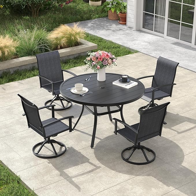 VICLLAX Outdoor Table and Chairs Set for 4, Patio Dining Set of 40.7" Metal Round Patio Table with Umbrella Hole & 4 Swivel Outdoor Dining Chairs for Backyard Lawn, Charcoal & Black