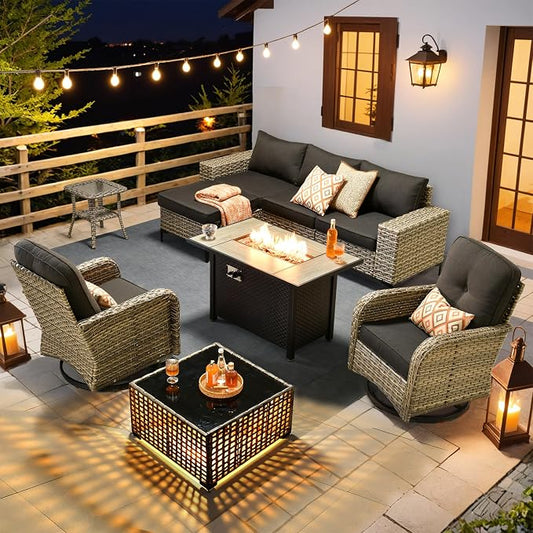 HOOOWOOO Outdoor Sectional Furniture Set with Fire Pit Table,9 Pieces Wicker Patio Conversation Sets,L Shape All Weather Outside Couch Sofa Set with Swivel Chairs Solar Light Table Ottoman,Black