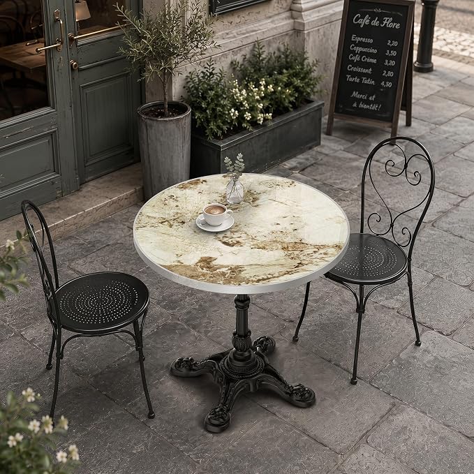 31.5" Outdoor Dining Table, Square Bistro Table w/Sintered Stone Tabletop | and Cast Iron Base, Weather Resistant Small Bistro Table for 2-4 for Outdoor Garden Café Use (Cream Taupe Marble)