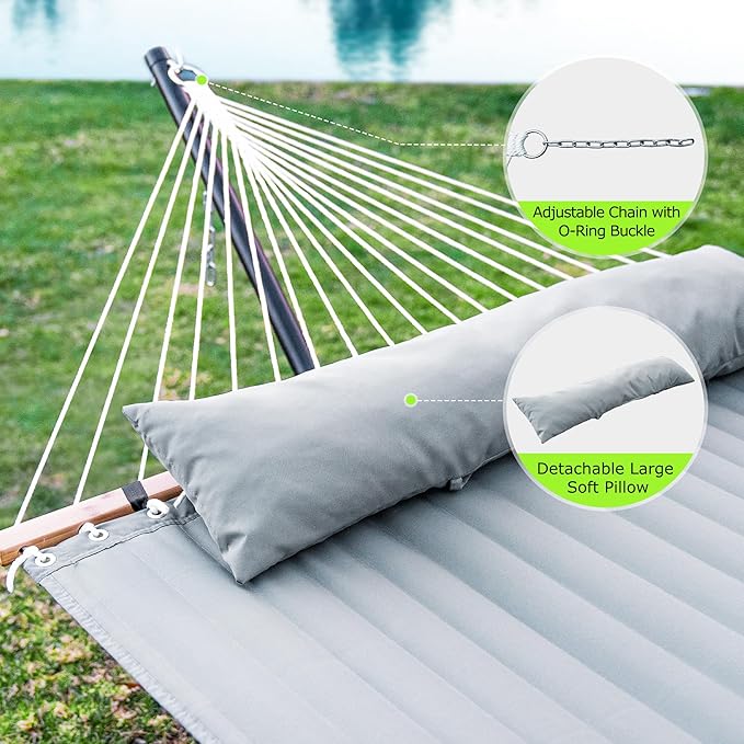 Double Hammock with Stand, Heavy Duty Outdoor Hammock for Two, 500 LBS Capacity, Stable Steel Frame with Balance Strap, Easy Tool-Free Assembly for Patio, Garden, Backyard & Beach,Dark Grey
