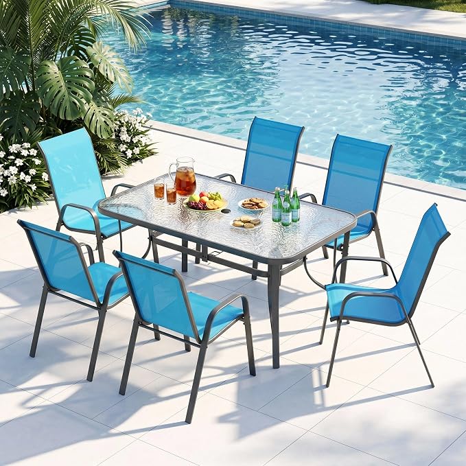 Arlopu 7-Piece Outdoor Table and Chairs for 6, Outdoor Dining Set W/Rectangle Glass Table and 6 Patio Textilene Stackable Chairs, Patio Furniture Set W/Umbrella Hole (Grey Table & Sky Blue)