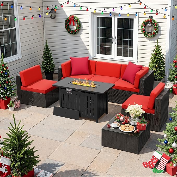Flamaker 7 Pieces Patio Furniture Set with Fire Pit Table Outdoor Sectional Patio Sofa Furniture Set with Gas Fire Pit and Coffee Table & Ottoman Cushion Pillows, Red