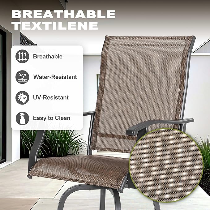 NUU GARDEN Outdoor Bar Set 3 Piece, Patio Square Tempered Glass Table with Textilene Swivel Bar Stools High Backrest, Outdoor Furniture for Garden Backyard, Brown Black