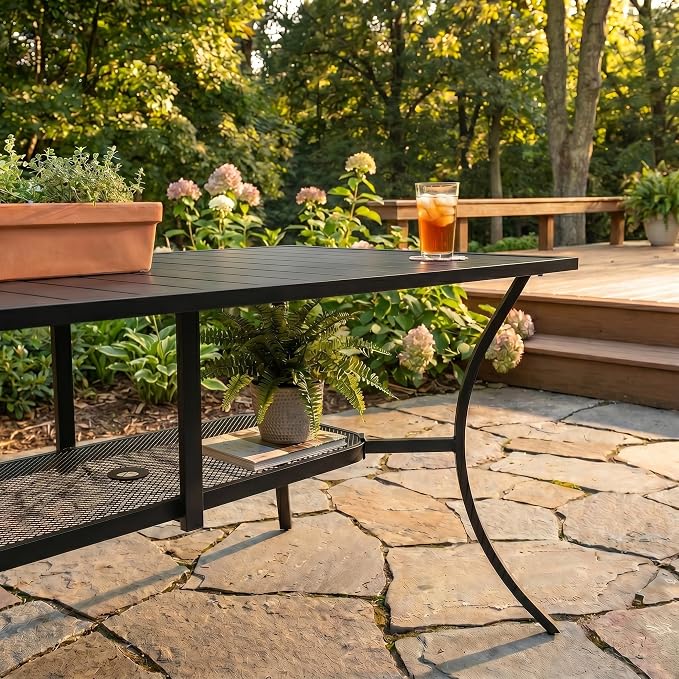 VICLLAX Patio Dining Set for 6, 7-piece Outdoor Dining Set - 59" Rectangle Patio Table and Chairs for Lawn Garden, Black Tabletop and Blue Fabric