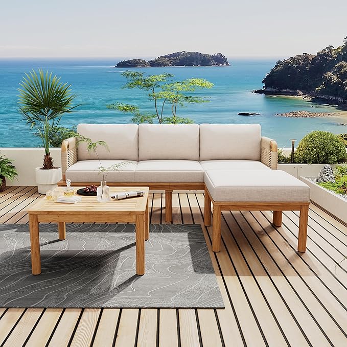 Merax Outdoor 3-Piece Acacia Wood & Rope Patio Sofa Set with Ottoman and Table, Water-Repellent Cushions, for Garden & Patio