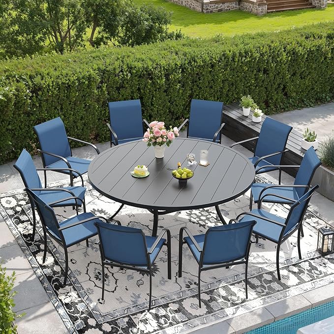 DIFY 11 Pieces Outdoor Patio Dining Set for 10, 60" Black Round Metal Dining Table and 10 Blue Stackable Sling Dining Chairs, Outdoor Table and Chairs for Lawn Garden Backyard Deck