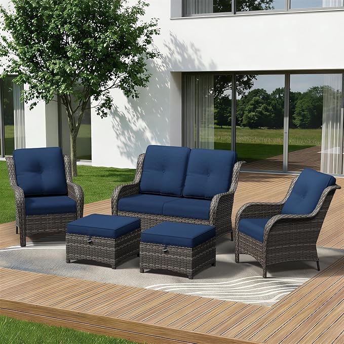 5 Piece Outdoor Wicker Patio Furniture Set, Patio Chairs Set with Thickened Olefin Cushions, High Back and Deep Seating, Hand-Woven PE Rattan, Ottoman for Porch, Deck