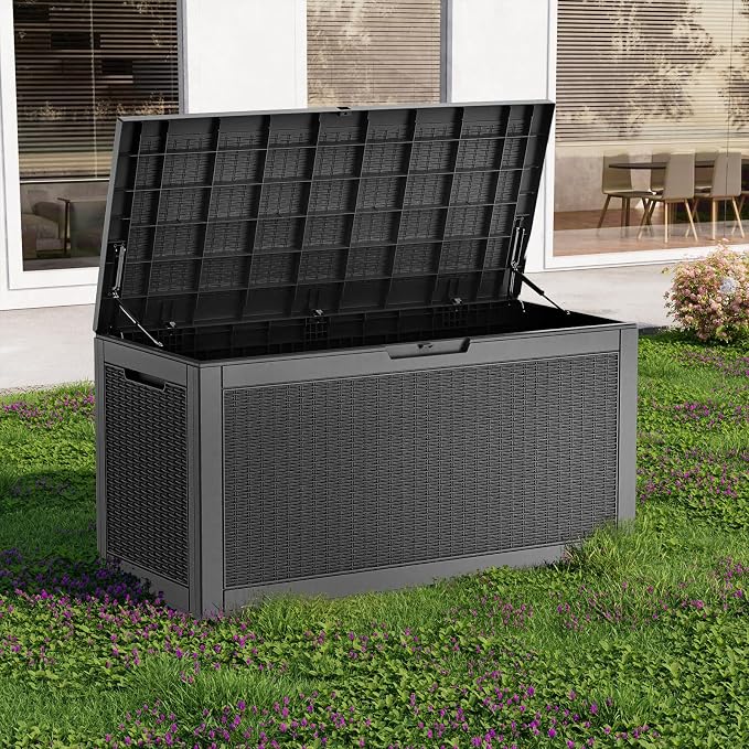 Resin Deck Box Outdoor Storage Box Waterproof for Patio Furniture,Outdoor Cushions,Garden Tools and Pool Supplies (Black, 120 Gallon)