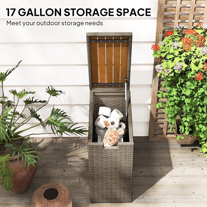 Deck Storage Box, Teak 17-Gallon Wicker Outdoor Storage Bin with Acacia Wood Top, Patio Storage Chest for Cushions Garden Tools Backyard Porch Deck