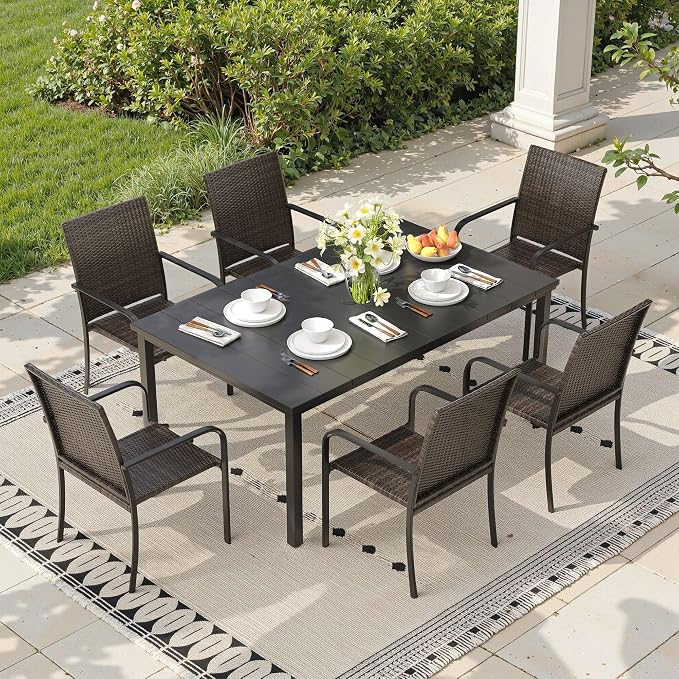 Outdoor Dining Set for 6, 63" Metal Rectangular Outdoor Dining Table with Umbrella Hole and Wicker Stackable Patio Chairs, 7 Pieces Patio Table and Chairs Set for Garden Backyard, Black