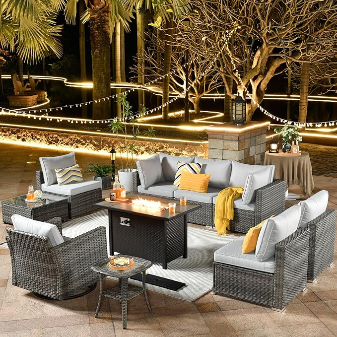 ovios 10 Piece Outdoor Patio Furniture Set with Fire Pit Table,Conversation Sectional Wicker Couch with Swivel Chairs,Modern Outside Sofa for Balcony Backyard, Grey