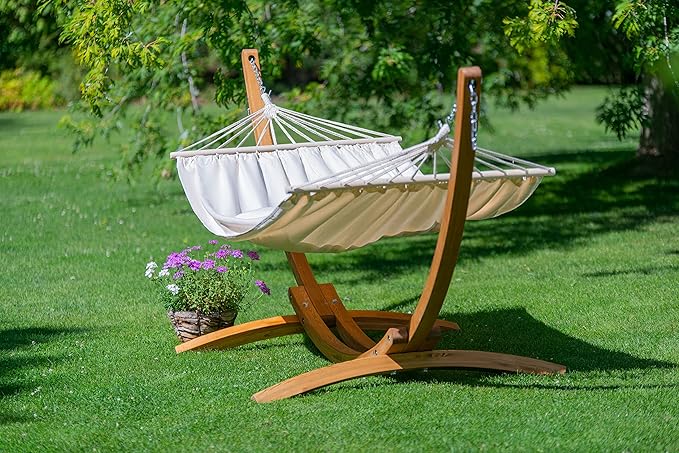 LA SIESTA® Chillounge Hammock with Spreader Bar & Wood Stand, Weatherproof Outdoor Hammock with Stand for Outside Patio Backyard, Wooden Hammock Stand, Heavy Duty Hammock and Stand -Max 265 Lbs, Beach