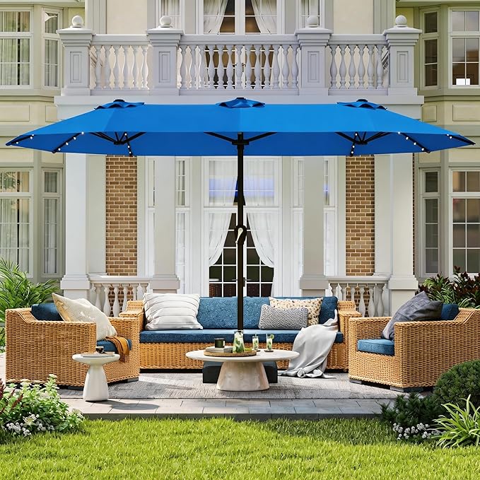 Large Patio Umbrella with Solar Lights and Base, Double-Sided Outdoor Rectangle Umbrella with 48 LED Lights, Market Table Umbrellas with UV Resistant Canopy